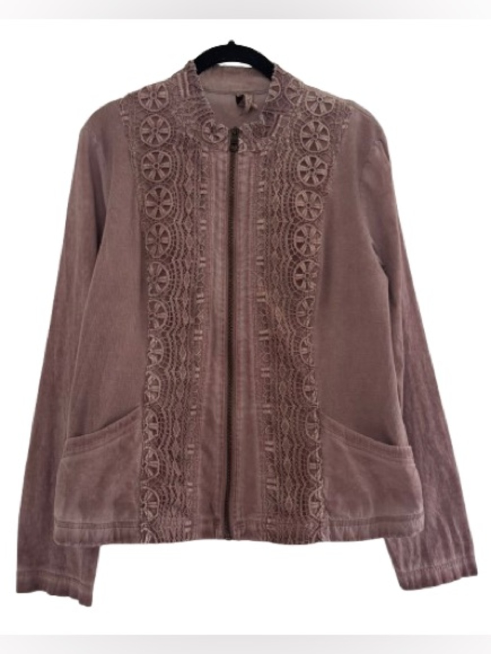 XCVI Mauve Pink Crochet Lace Overlay Full Zip Jacket Ribbed Knit Panels Boho